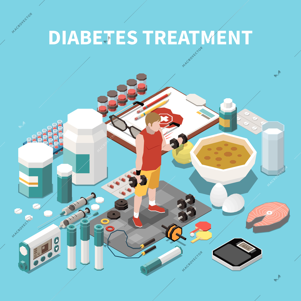 Diabetes isometric concept with different pills and medical treatment vector illustration