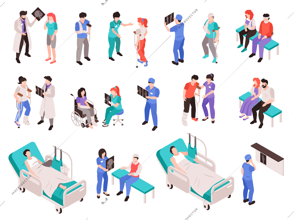 Medical healthcare isometric set of traumatologists consulting and treating patients after physical injury isolated vector illustration