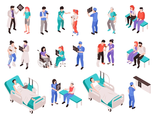 Medical healthcare isometric set of traumatologists consulting and treating patients after physical injury isolated vector illustration