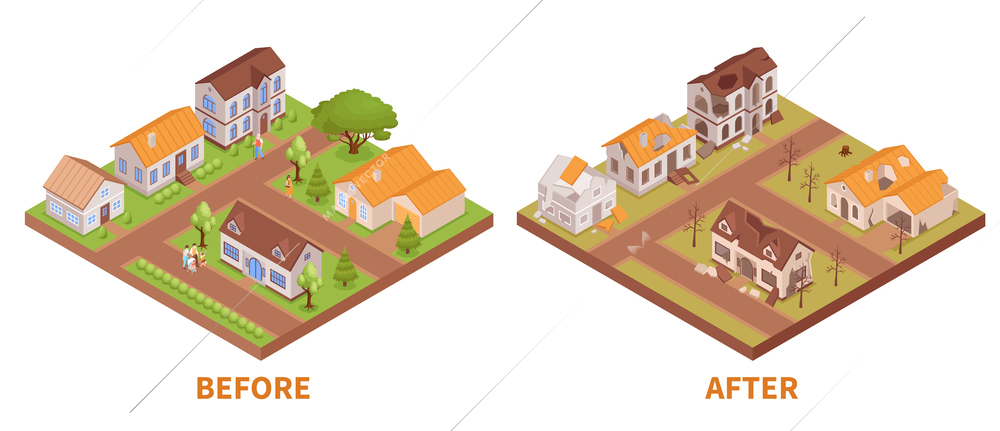 Settlement before and after catastrophe two isometric isolated compositions with whole and dilapidated buildings 3d vector illustration