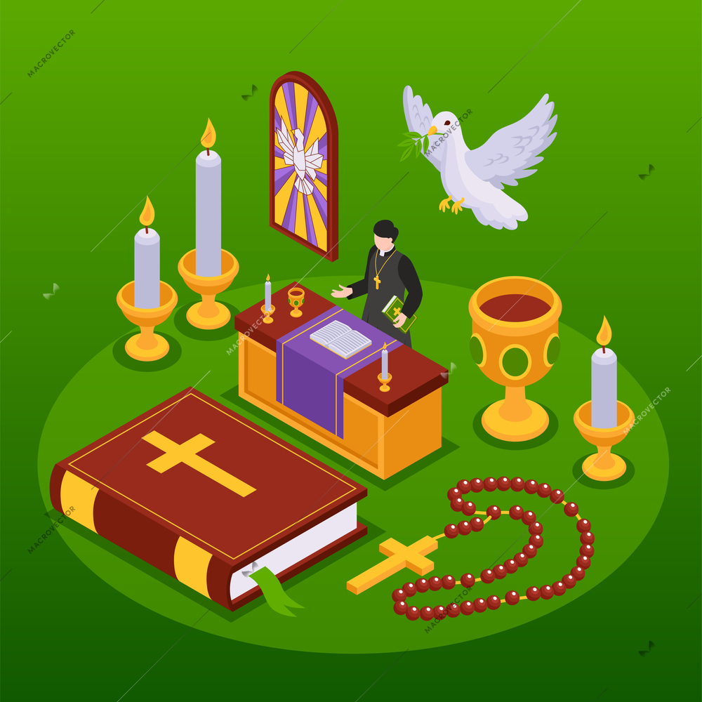 Christianity isometric background with priest preaching sermon bible burning candles cross vector illustration