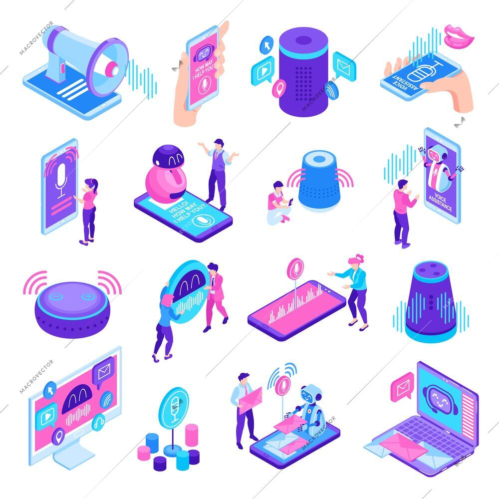 Voice assistant isometric set of different devices helping to solve problems and answering questions isolated vector illustration