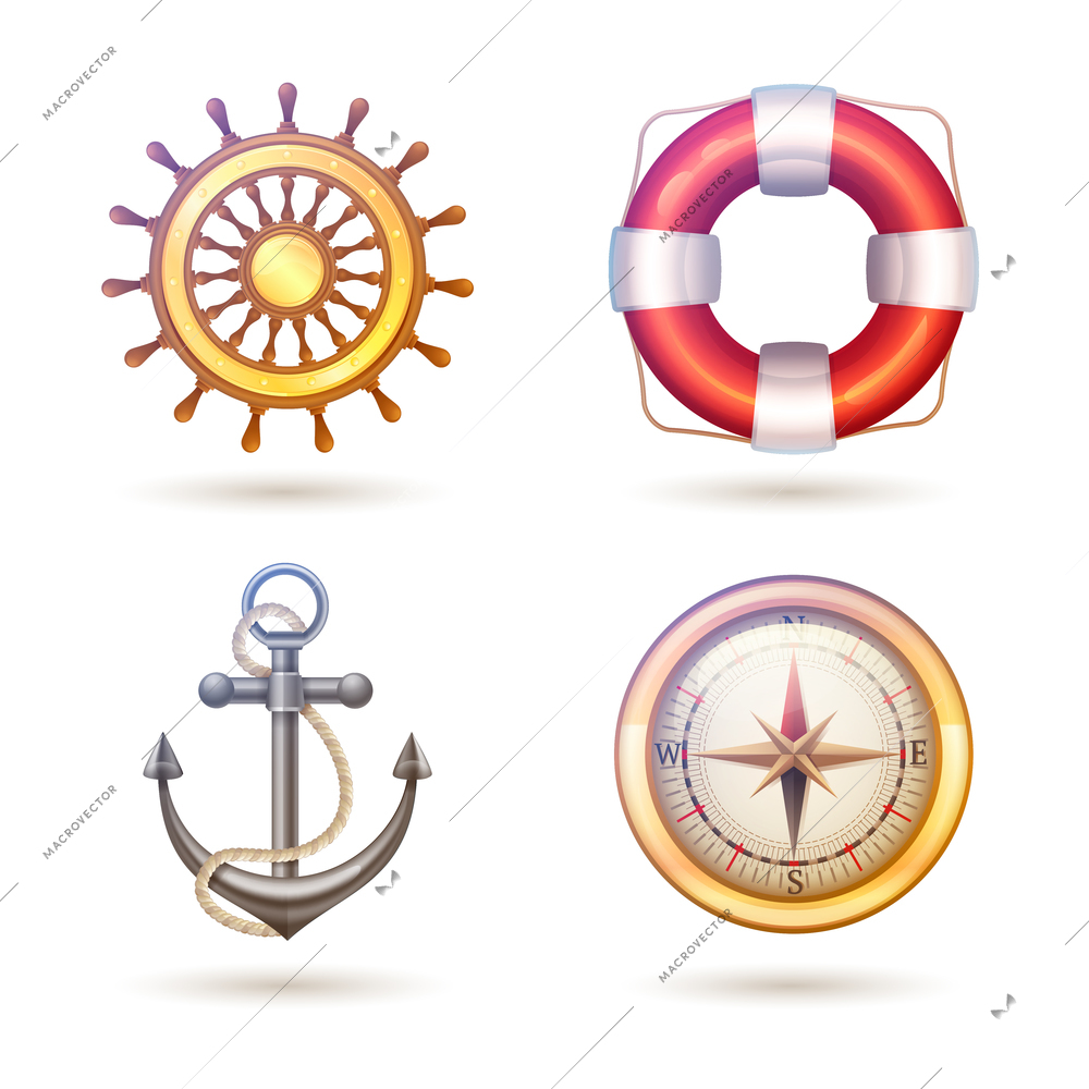 Marine decorative icons symbols set with anchor lifebuoy compass and steering wheel isolated vector illustration