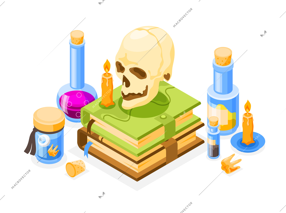 Magical tools for alchemy craft with skull books candles and flasks isometric composition 3d vector illustration