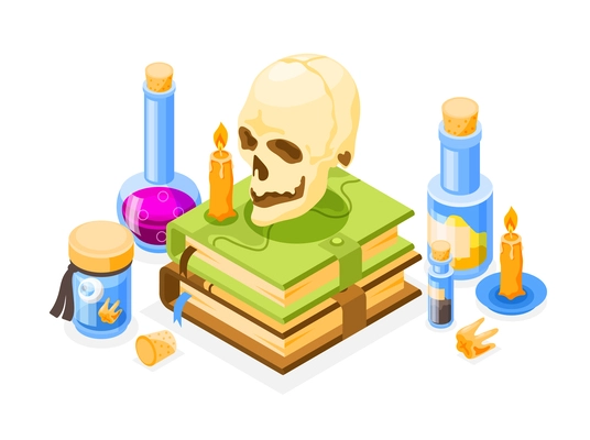 Magical tools for alchemy craft with skull books candles and flasks isometric composition 3d vector illustration