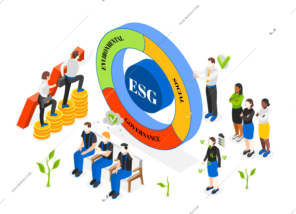 Esg environmental social governance corporate sustainability concept isometric composition 3d vector illustration