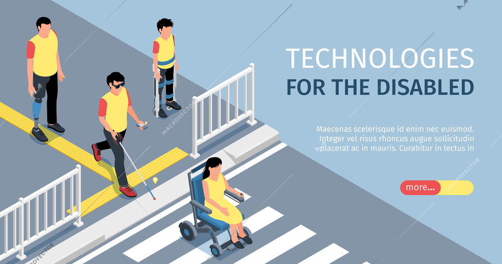 Technologies for disabled horizontal web site banner with handicapped people using smart gadgets while crossing road 3d isometric vector illustration