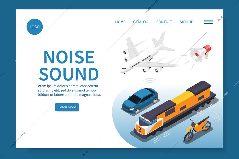 Noise sound isometric web site with urban and air transport items vector illustration