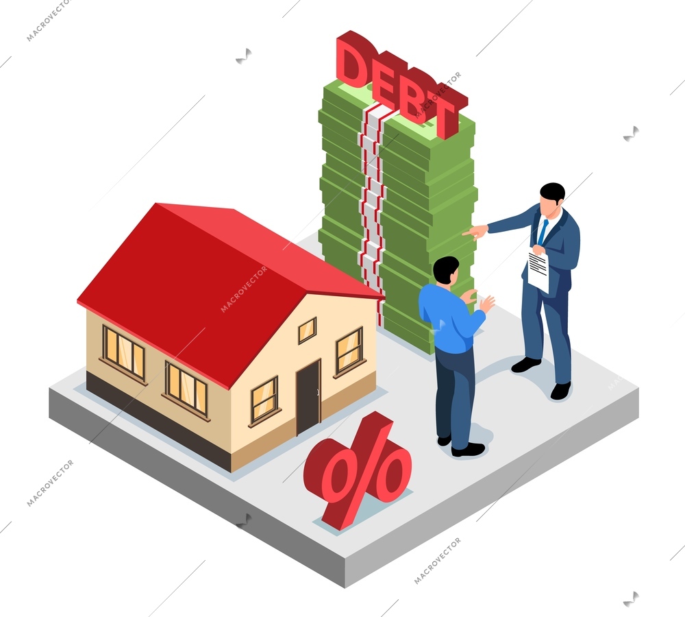 Isometric credit isolated concept bank manager tells a person who took loan from the bank about his debt vector illustration