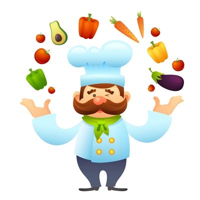 Male chef restaurant cook character juggles with vegetables vector illustration