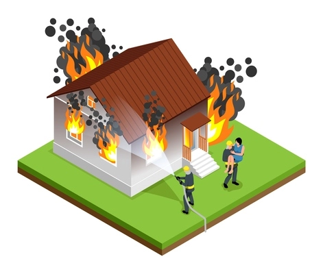 Isometric firefighter isolated concept firefighter extinguishes burning house and residents of the house are standing side by side vector illustration