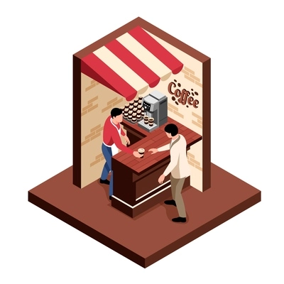 Isometric coffee shop concept small part of the kiosk with two walls and coffee buyer standing behind the counter vector illustration