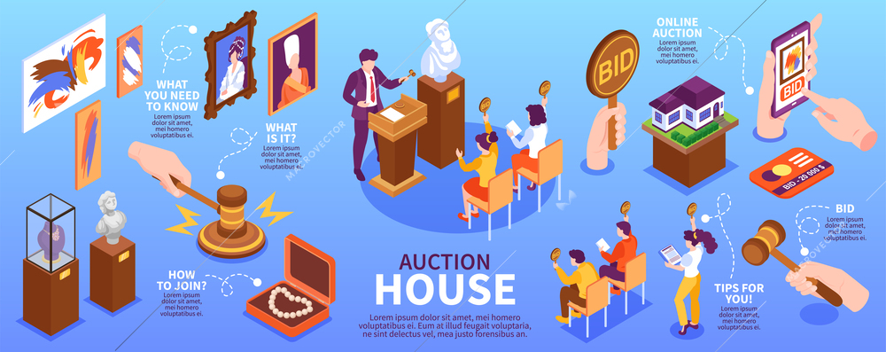 Auction infographic set with bid tips symbols isometric vector illustration