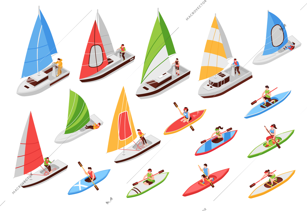 Regatta set with sailing symbols isometric isolated vector illustration