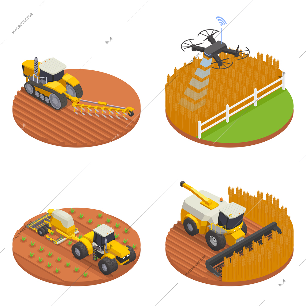 Modern automated remote controlled agricultural machinery isometric design concept set isolated 3d vector illustration