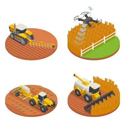 Modern automated remote controlled agricultural machinery isometric design concept set isolated 3d vector illustration