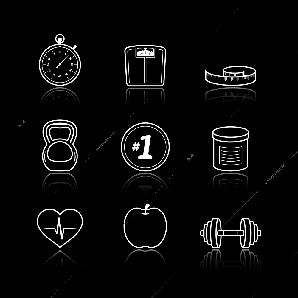 Fitness sport wellness healthcare icons set on black background isolated vector illustration