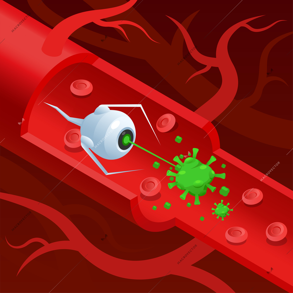 Nanotechnology nanomedicine isometric concept with nanorobot destroying virus cells vector illustration