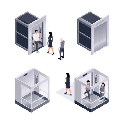 Isometric set of isolated icons with human characters stepping into elevator glass cabs on blank background vector illustration