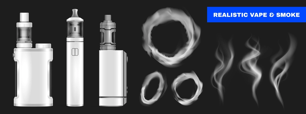 Realistic vape set with isolated icons of smoke circles and puffs with vaping devices and text vector illustration