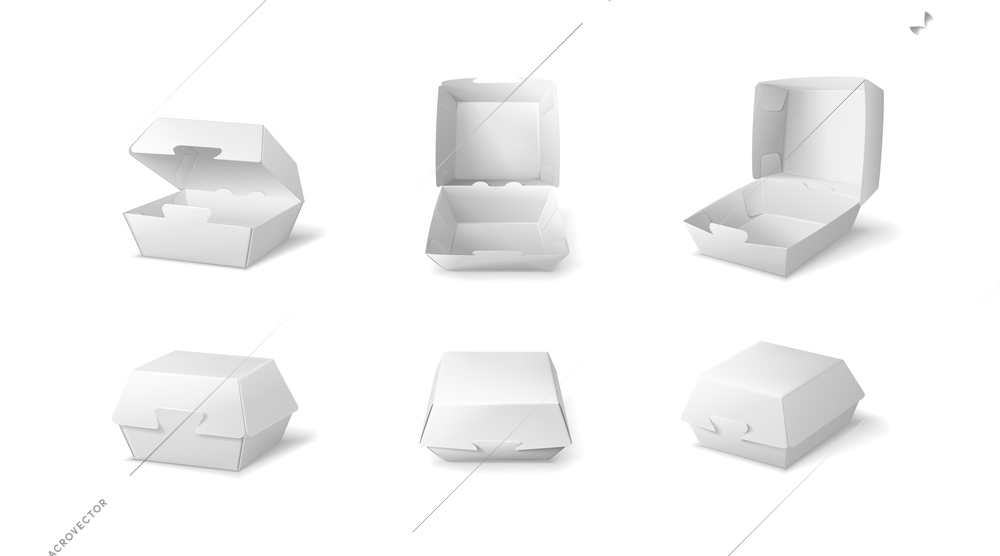 Burger box mockup icon set with isolated images of empty white cardboard box open and closed vector illustration