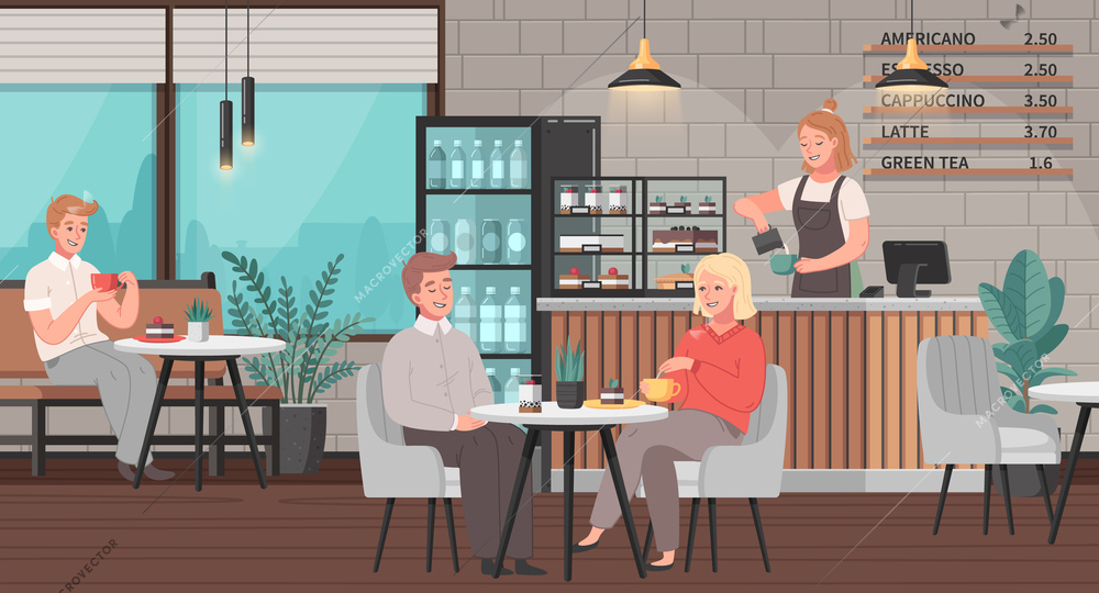 Restaurant interior cartoon scene with people sitting in cafe vector illustration