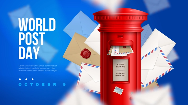 Realistic post horizontal poster with big red box and world post day description vector illustration
