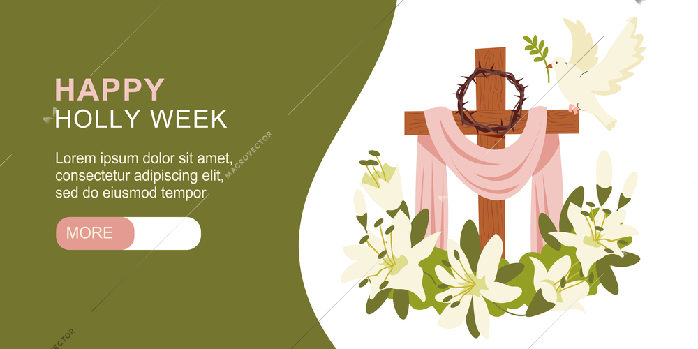 Easter horizontal banner with cross crown of thorns flowers angel and happy holy week text flat vector illustration