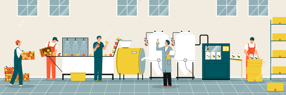 Juice production process with factory machinery and workers carrying fruit conducting control and putting cartons into boxes flat vector illustration