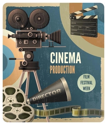 Realistic vintage design template of cinema production film festival week poster with camcorder clapper reels vector illustration