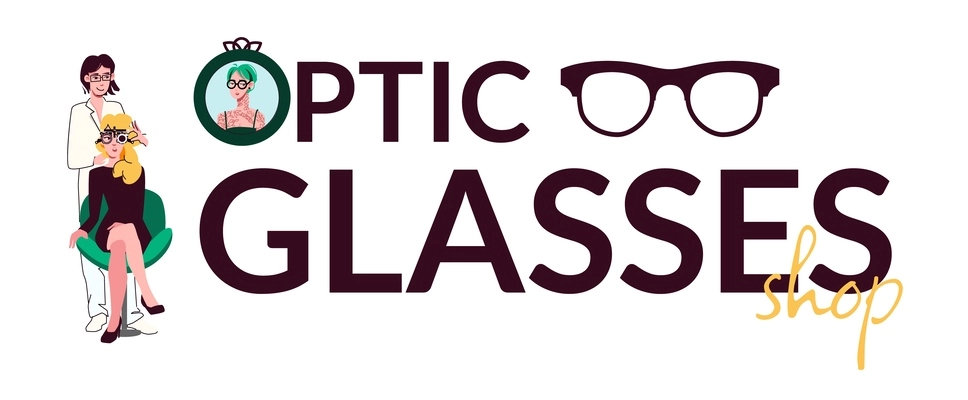 Optic glasses shop text composition with editable ornate text and mirror with female avatar human characters vector illustration