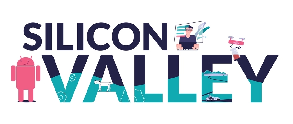 Silicon valley flat composition with text surrounded by icons of droid flying delivery drone and programmer vector illustration