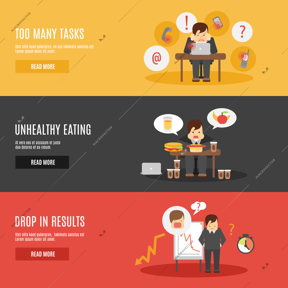 Missing deadline unhealthy eating man character multitasks work stress flat horizontal banners set abstract isolated vector illustration