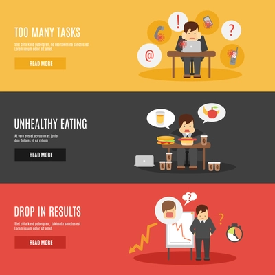 Missing deadline unhealthy eating man character multitasks work stress flat horizontal banners set abstract isolated vector illustration