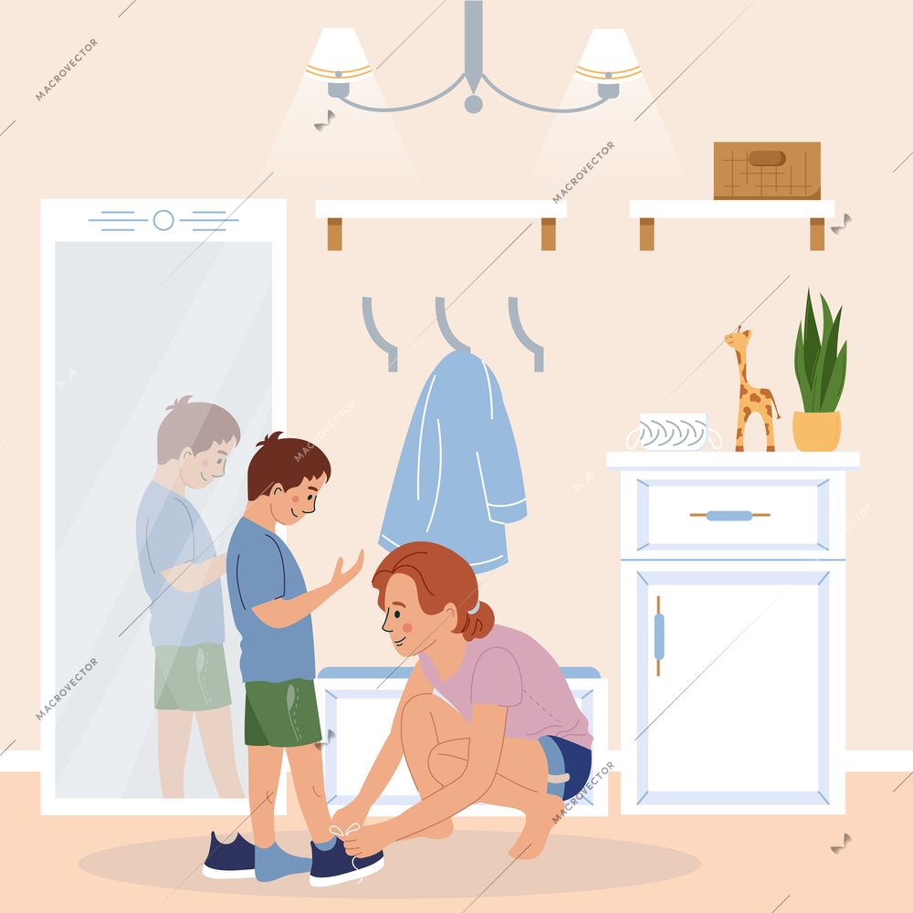 Family morning routine flat concept with mom helping boy to tie shoelaces vector illustration