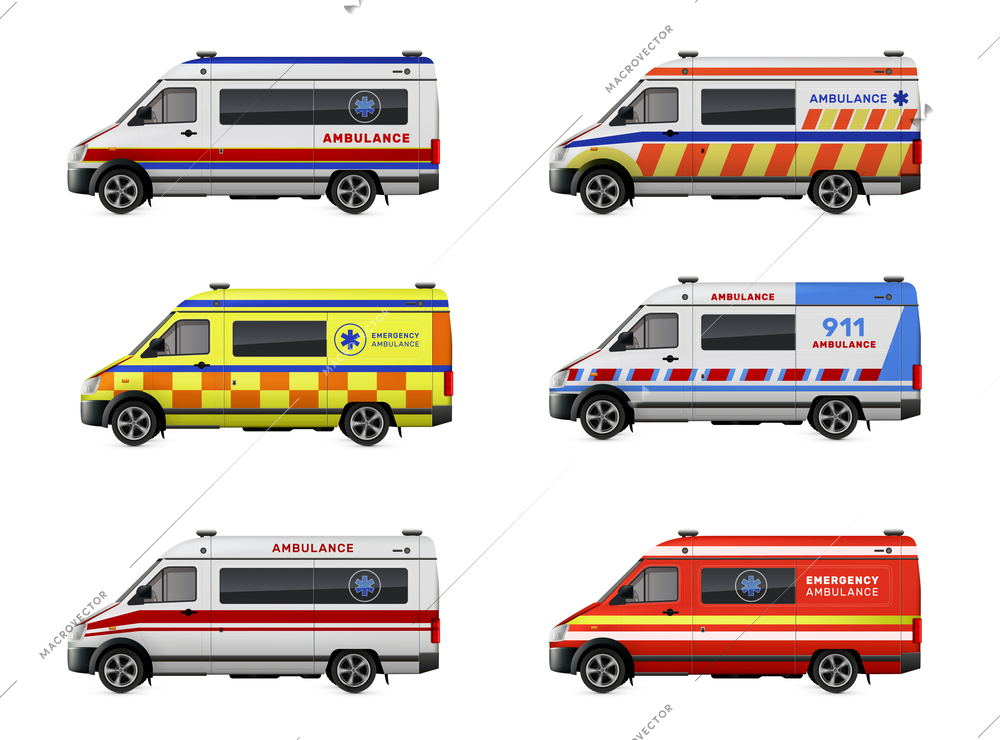 Ambulance realistic set with municipal vehicles symbols  isolated vector illustration