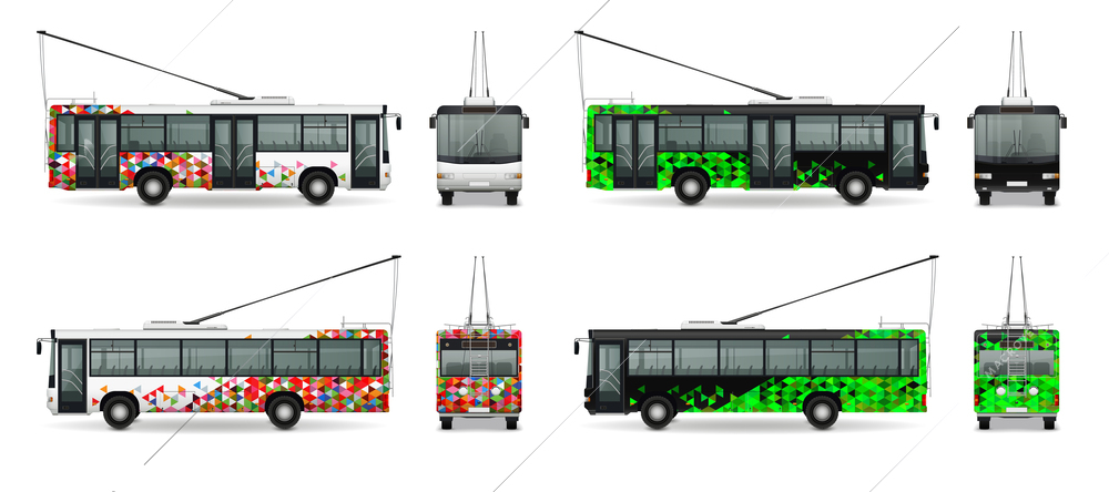 Trolleybus realistic set with city transportation symbols isolated vector illustration