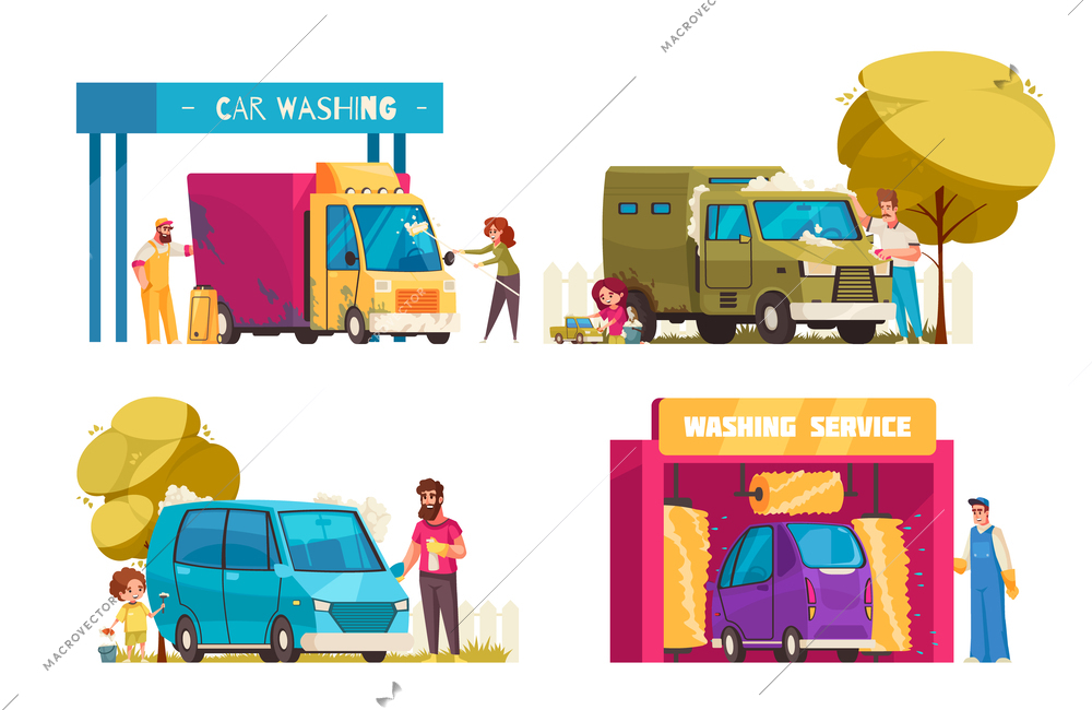 Car wash cartoon icons set with self service cleaning service isolated vector illustration