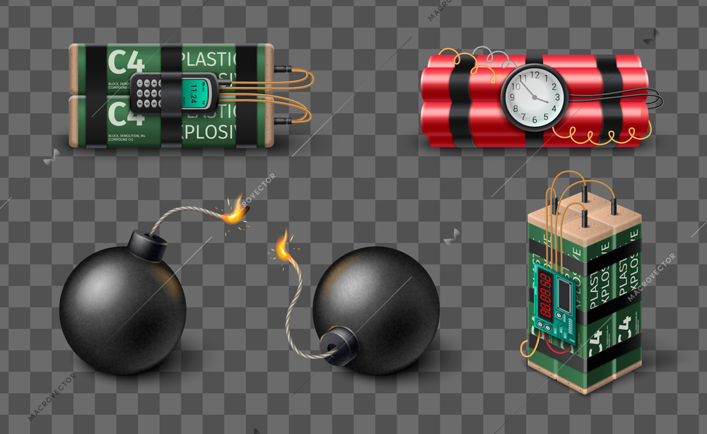 Bomb tnt dynamite realistic set with various kinds of explosives on transparent background isolated vector illustration