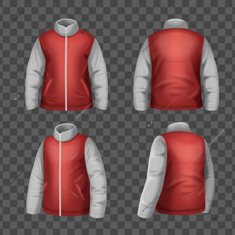 Two color winter jacket mockup front and back views realistic set on transparent background isolated vector illustration