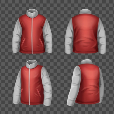 Two color winter jacket mockup front and back views realistic set on transparent background isolated vector illustration