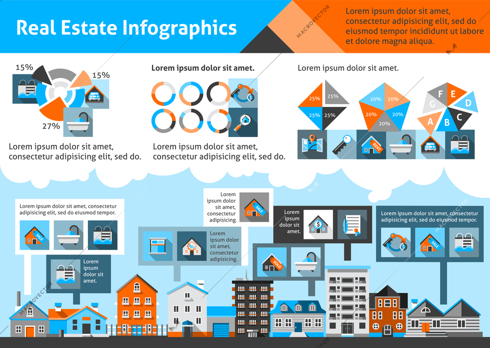 Real estate infographics set with commercial property apartment symbols and charts vector illustration