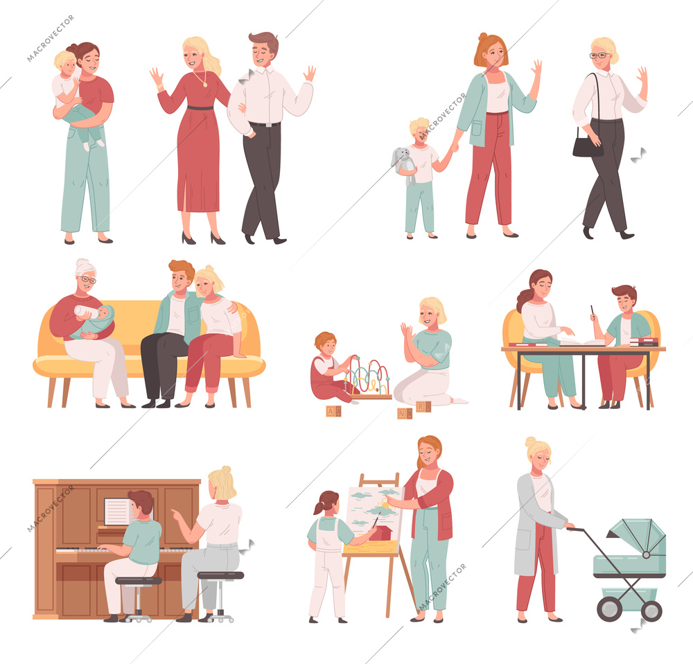 Babysitting cartoon set with friendly babysitter feeding baby and spending time with children isolated vector illustration
