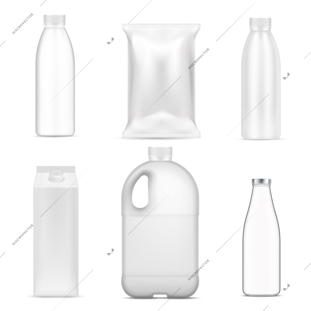 Milk tare realistic set of glass and plastic packages isolated on white background vector illustration