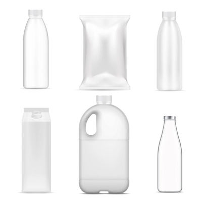 Milk tare realistic set of glass and plastic packages isolated on white background vector illustration