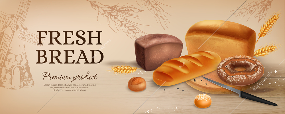 Realistic bread ads horizontal poster with vintage style fresh bread headline and serving plate with baked goods vector illustration