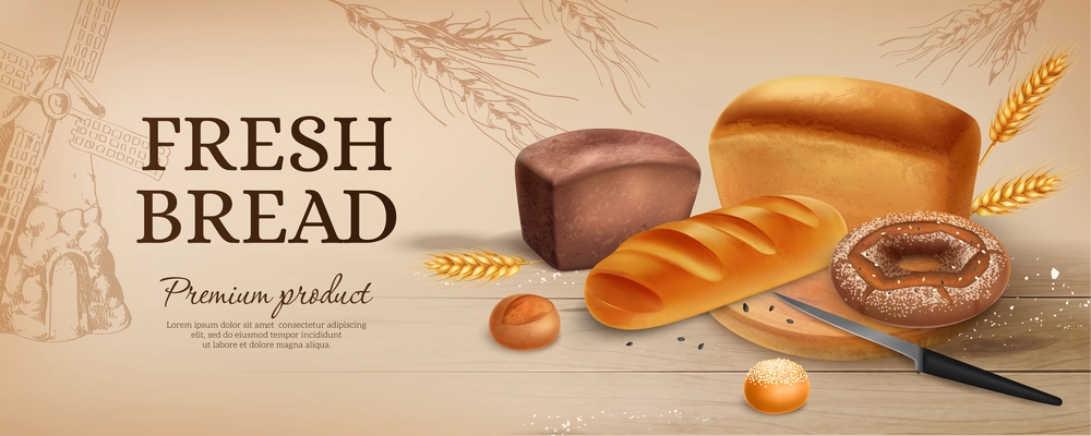 Realistic bread ads horizontal poster with vintage style fresh bread headline and serving plate with baked goods vector illustration
