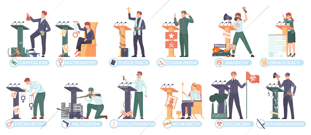 Government types set with political system symbols flat isolated vector illustration