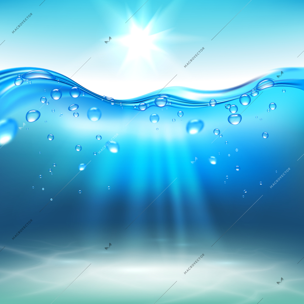 Blue water wave with bubbles and sun rays on sea bottom realistic background vector illustration