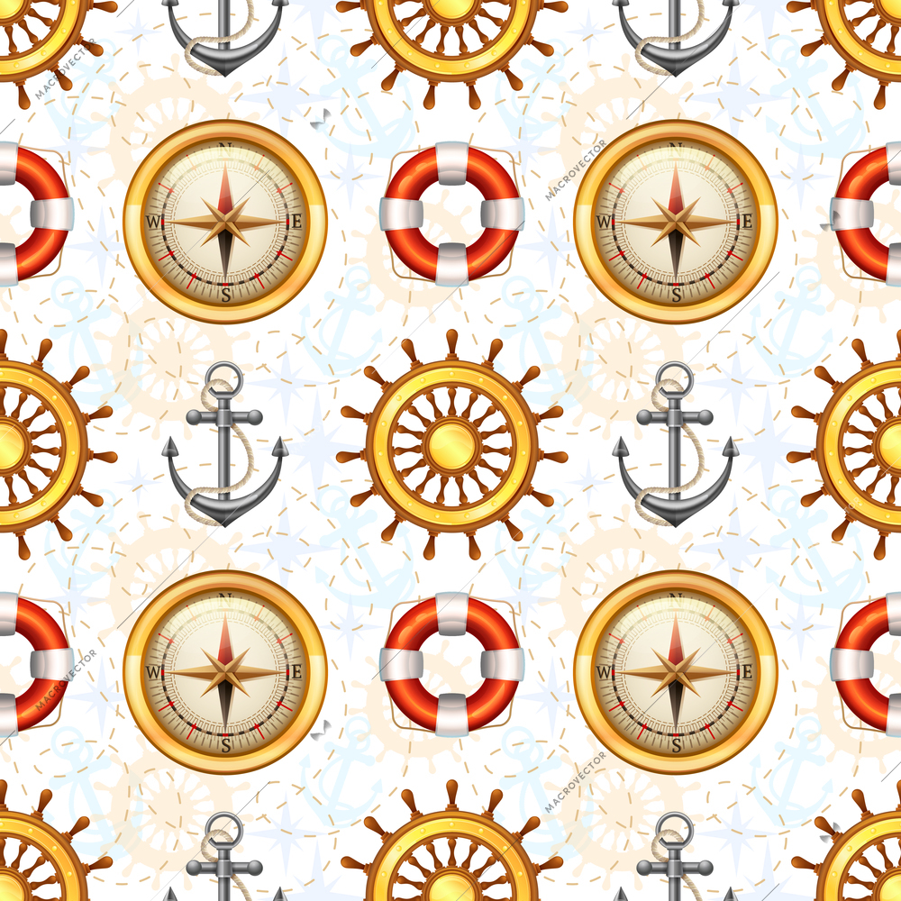 Marine symbols seamless pattern with steering wheel anchor lifebuoy and compass vector illustration